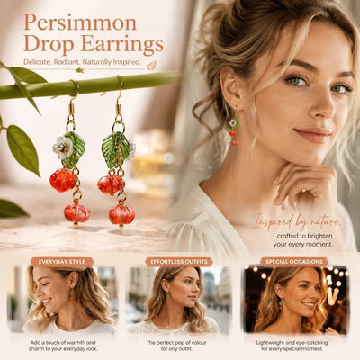 Sweet Harvest Hook Earrings, Two Clear Persimmons With Single Flower Leaf, One Pair