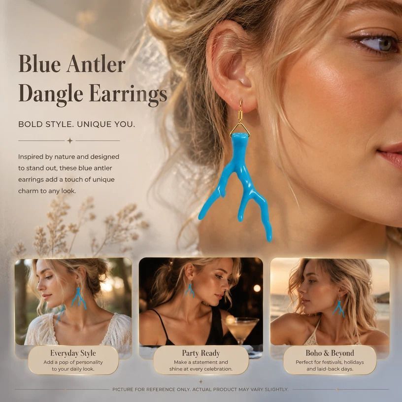 Dreamy Antler Drop Earrings, Soft Blue Tone For Daily Matching, Sold In Pairs