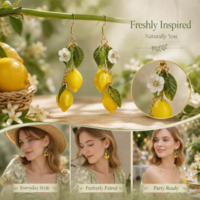 Vivid Fruit Hook Earrings, Double Lemons Three Leaves Single Flower Design, One Pair