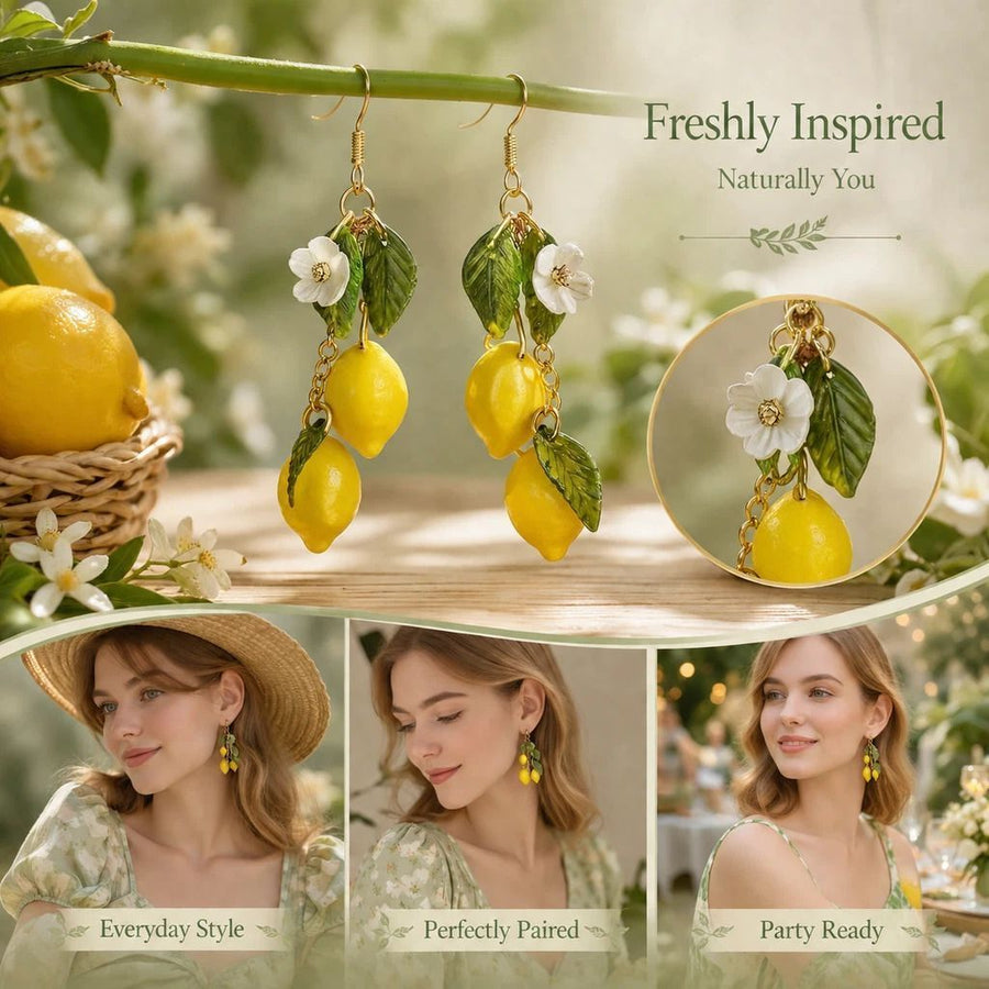 Vivid Fruit Hook Earrings, Double Lemons Three Leaves Single Flower Design, One Pair