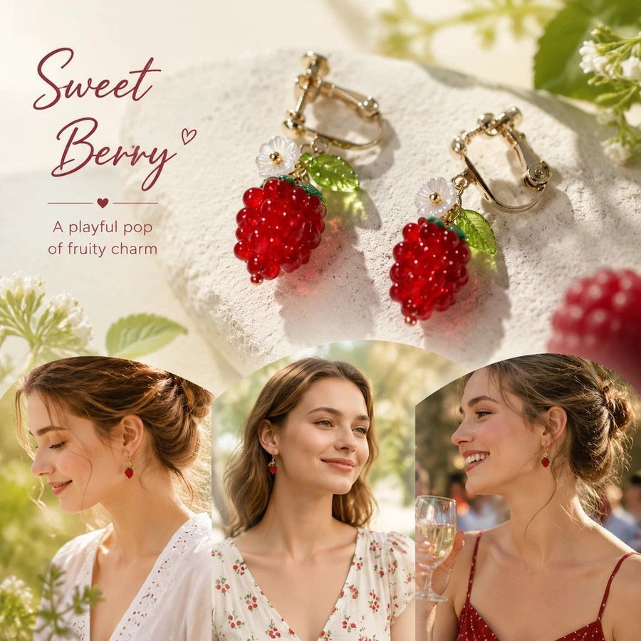 Gentle Clip On Botanical Earrings, Transparent Red Grape Single Leaf Bloom, One Pair