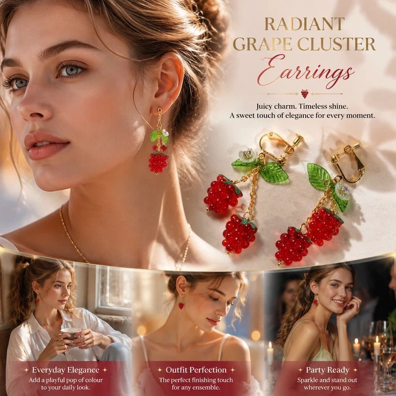Pretty Clip On Fruit Dangles, Dual Clear Red Grapes Double Leaves Single Flower, Pair Set