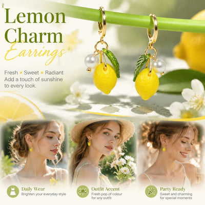 Minimal Hoop Drop Earrings, Lemon With Single Pearl And Leaf Detail, One Pair