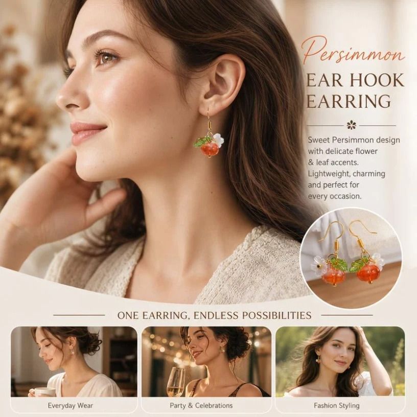 Soft Harvest Hook Earrings, Transparent Persimmon Single Flower Leaf, Sold In Pairs