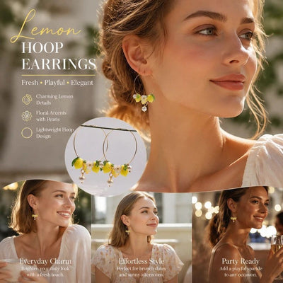 Statement Large Hoop Earrings, Single & Double Clear Lemon Three Leaves Dual Pearls, Pair