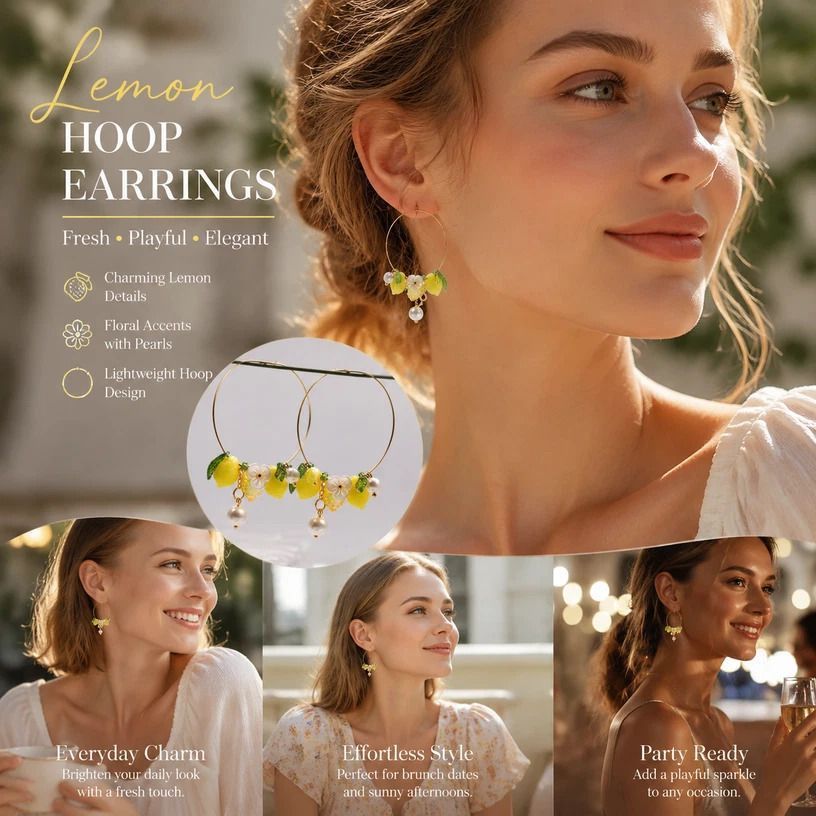 Statement Large Hoop Earrings, Single & Double Clear Lemon Three Leaves Dual Pearls, Pair