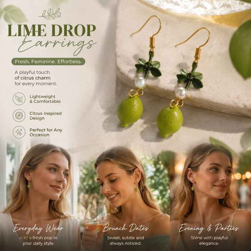 Mild Clover Hook Earrings, Single Pearl Matched With Green Lemon Detail, Pair Set