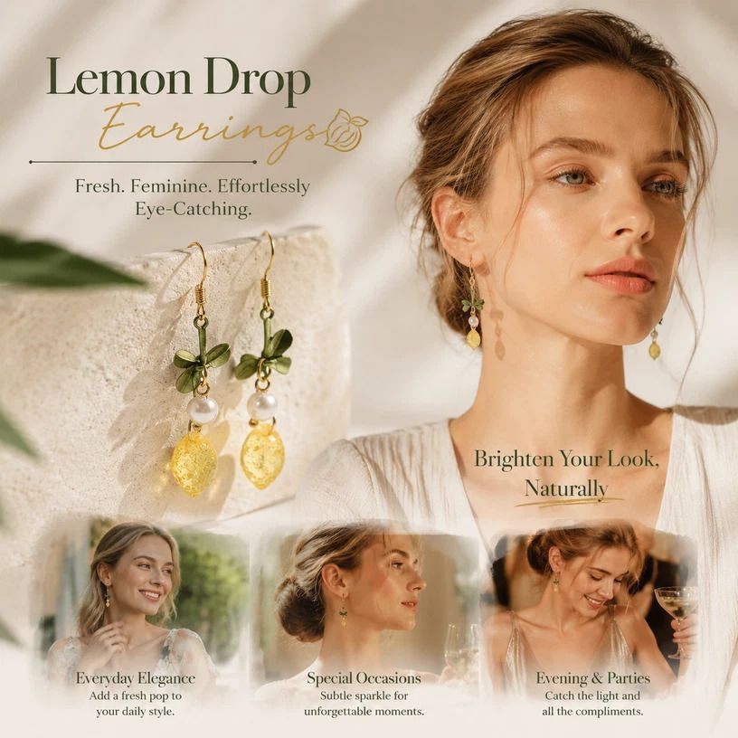 Bright Clover Drop Earrings, Single Pearl Paired With Transparent Lemon, Complete Pair