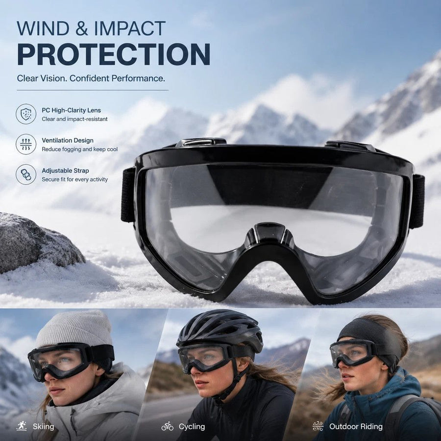 Caring Gift Anti-Fog Sports Goggles Wind Shield, Black Frame Clear Anti-Fog