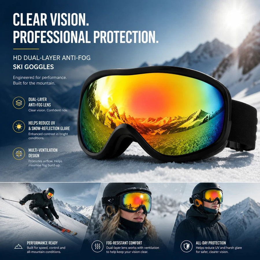 Thoughtful Holiday Gift Double-Layer Anti-Fog Ski Goggles, Breathable HD Lenses Cut Harsh Reflections, Black Frame Red Imitation Lens