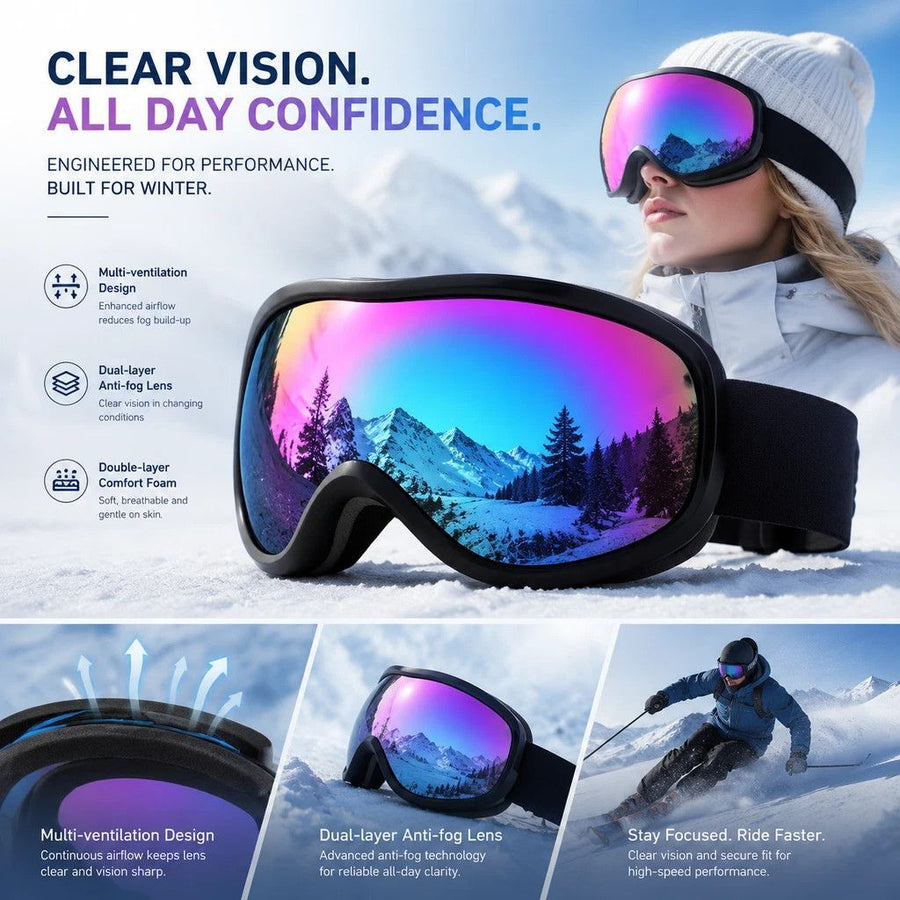 Heartfelt Present For Ski Enthusiasts, Wind Resistant Anti-Glare Ski Glasses With Vibrant Rainbow Lens, Black Frame
