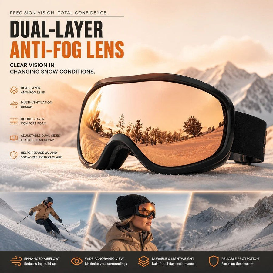 Sweet Daily Surprise Professional Ski Eyewear, Dual Anti-Fog Structure Blocks Wind & Strong Reflected Light, Black Frame Orange Lens