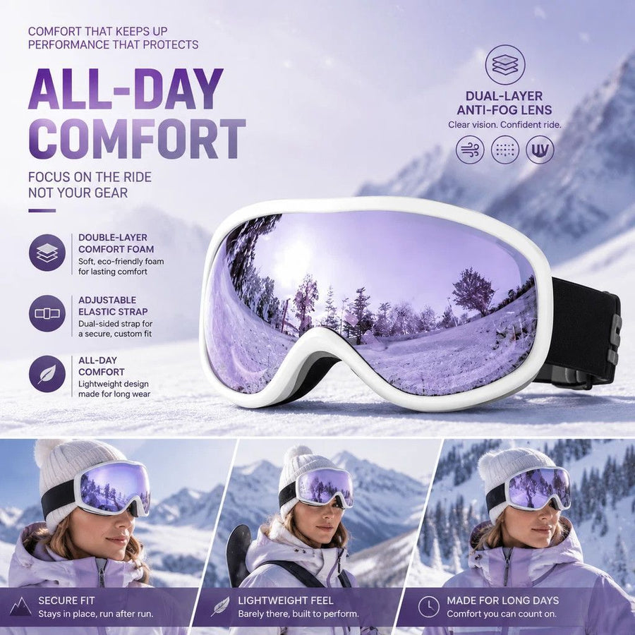 Ideal Practical Ski Gear Gift, Ventilated Anti-Reflection Ski Goggles For All-Day Outdoor Use, White Frame Purple Lens