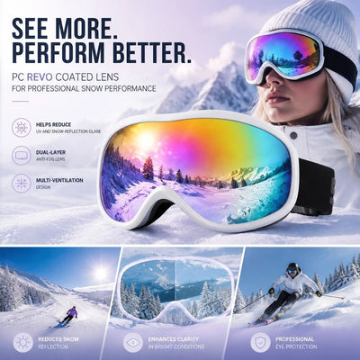 Tiny Warm Token For Snow Lovers, HD Windproof Ski Glasses With Light Filter Coating, White Frame Red Imitation Lens