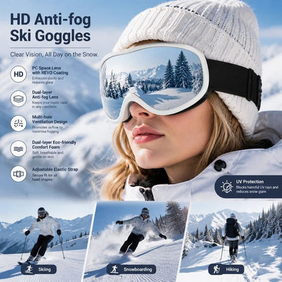 Premium Keepsake Gift Ski Goggles, Full Anti-Reflective Coating & Smooth Air Circulation, White Frame Mercury Lens