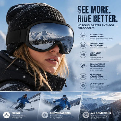 Sentimental Outdoor Companion Gift, Double Anti-Fog Ski Glasses Minimize Distracting Light Glare, Black Frame Grey Lens