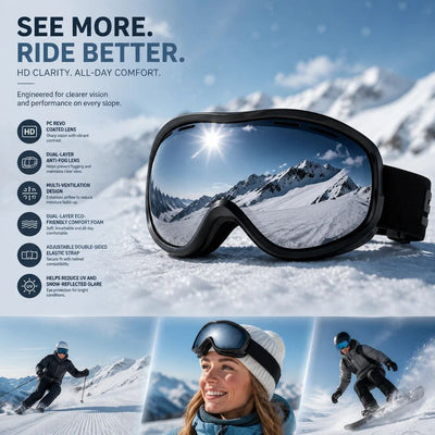 Caring Winter Gift Ventilated Ski Goggles, Reliable Wind Barrier & Reflection Reduction Effect, Black Frame Mercury Lens