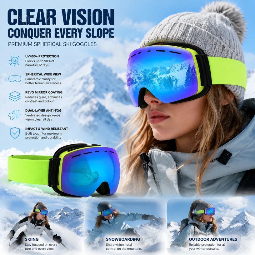 Thoughtful Gift UV400 Anti-Fog Ski Goggles, Fluorescent Green Frame, Blue Lens + Green Strap