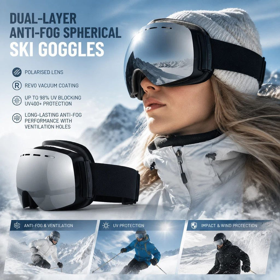 Ideal Winter Ski Gear UV400 Anti-Fog, Black Frame, Mercury Coating Lens + Black White Strap