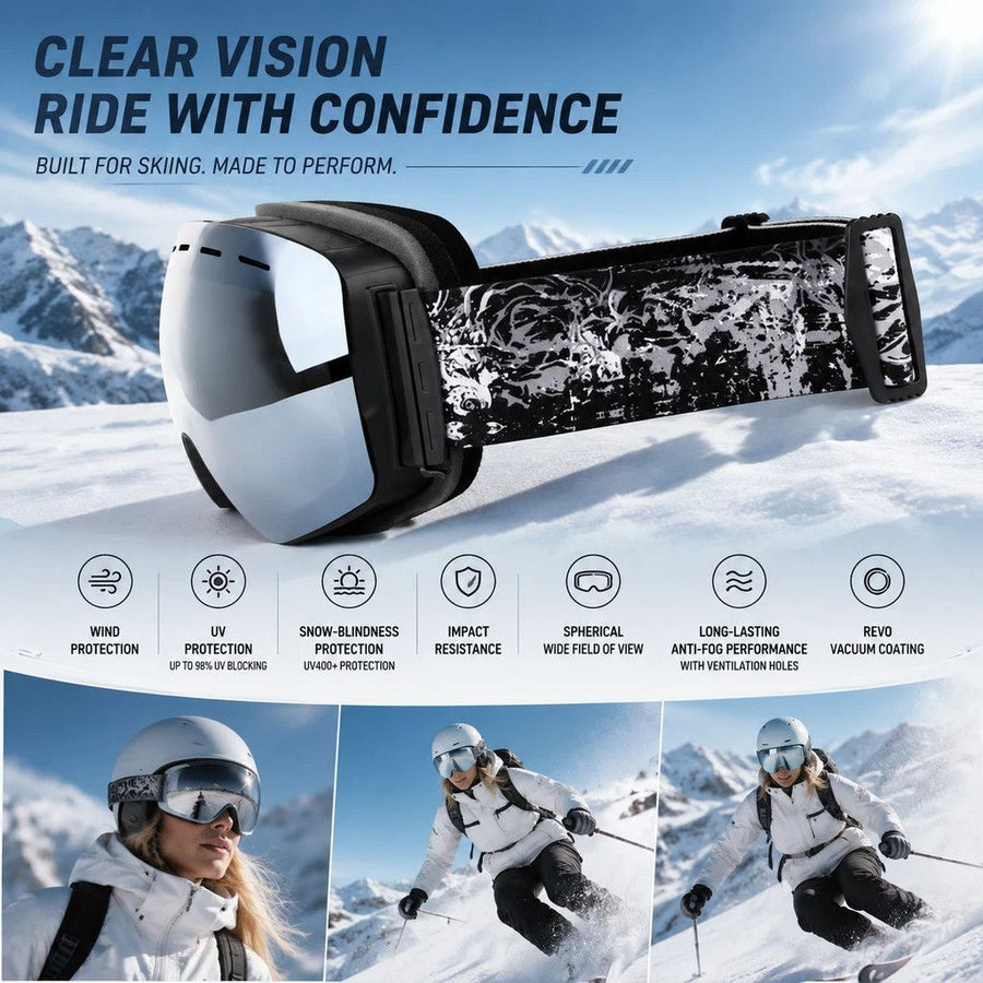 Practical Mountaineering Ski Goggles, Black Frame, Mercury Lens + Striped Black White Strap