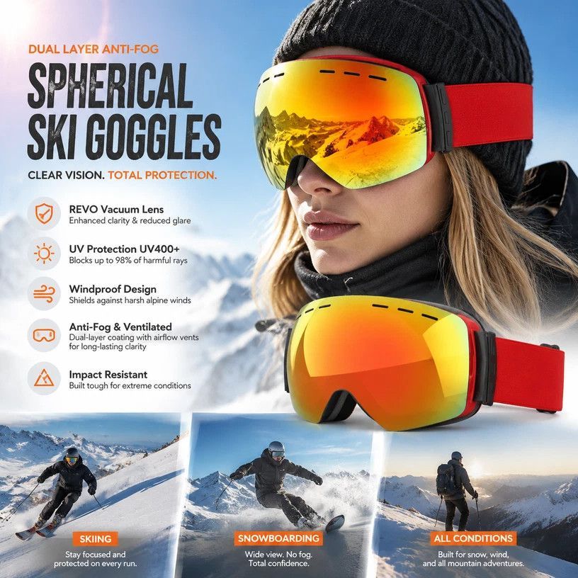 Lovely Holiday UV400 Ski Gift, Red Frame, Red Lens + Matching Red Strap