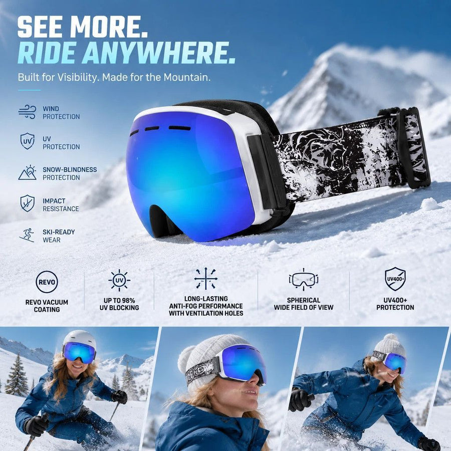 Sentimental Spherical Ski Goggles UV400, White Frame, Blue Lens + Striped Black White Strap