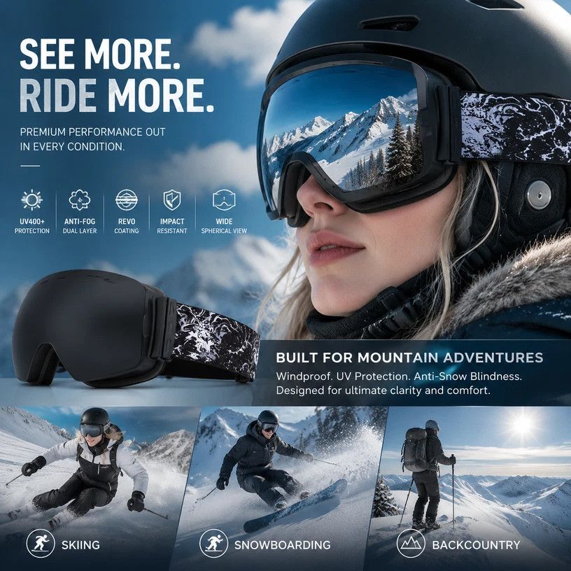 Premium Anti-Fog Ski Eyewear UV400, Black Frame, Black Coating Lens + Striped Black White Strap