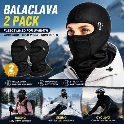 Warm Windproof Ski Neck Mask, Black Long Style With Glasses Holes, One Size, 2 Pcs