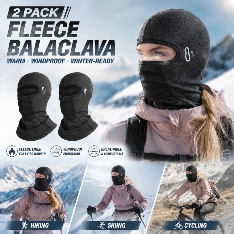 Cold Resistant Ski Face Cover, Grey Long Style With Glasses Holes, One Size, 2 Pcs