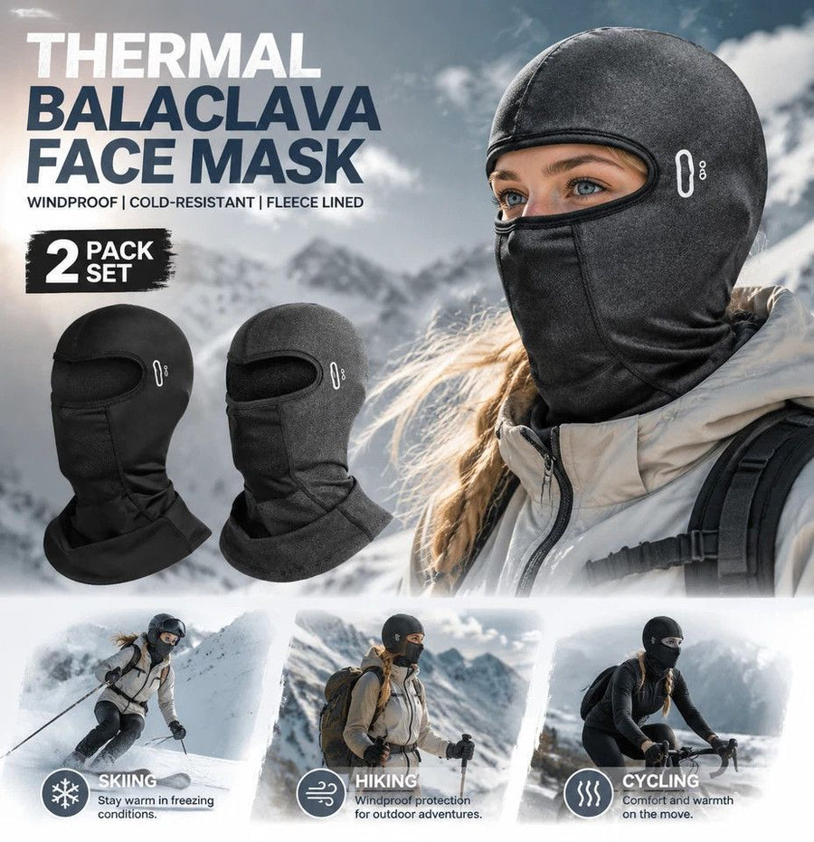 Thermal Ski Balaclava With Glass Holes, Black & Grey Long, One Size, 2 Pcs