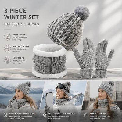 Practical Snow Gear Gift Thick Fleece Knit Hat 3 Pack Light Grey, Ideal For Skiing & Outdoor Cold Days
