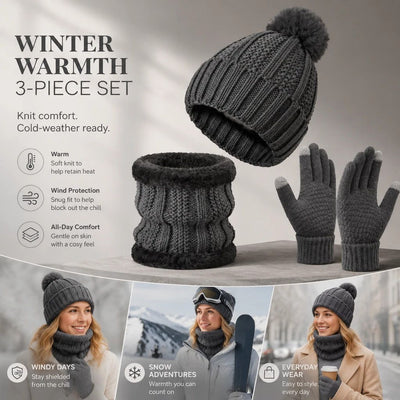 Reliable Cold Ski Present Insulated Thick Knit Hat 3 Pack Dark Grey, Warm Matching Set For Ski Holidays
