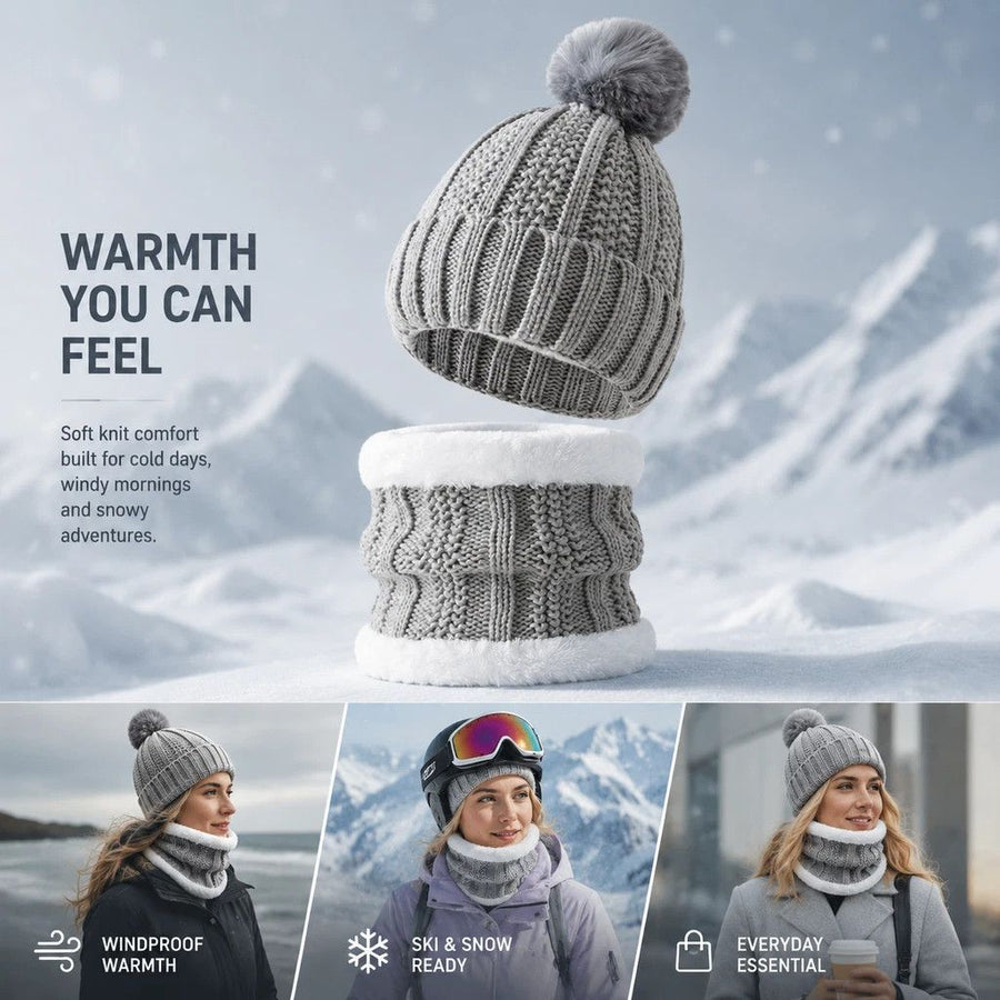 Versatile Snow Gear Gift Plush Lined Knit Hat 2 Pack Light Grey, Daily & Ski Travel Matching Outfit