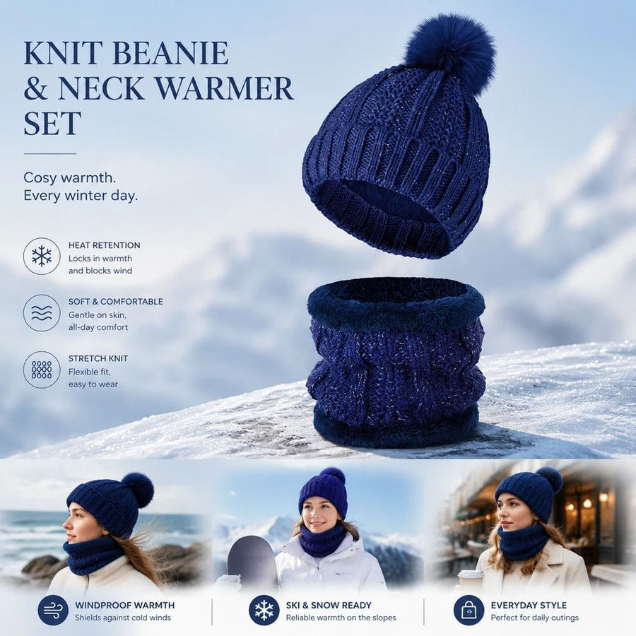 Durable Mountain Ski Gift Thick Knitted Hat 2 Set Navy, Warm Thermal Gear For Winter Ski Trips