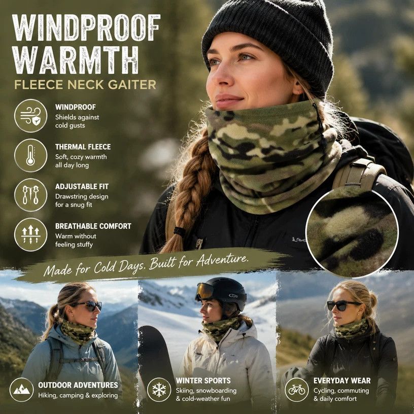 Warm Holiday Outdoor Companion Fleece Drawstring Neck Gaiter, Camo Army Green, Cold Weather Wear