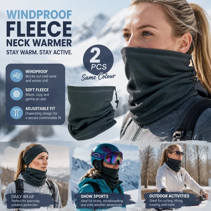 Budget Outdoor Cycling Set Polar Fleece Drawstring Neck Tubes 2 Pcs, Dark Grey, Cold Resistant Cover