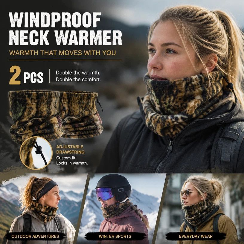 Practical Hiking Gear Set Polar Fleece Drawstring Neck Tubes 2 Pcs, Jungle Camo, Thermal Face Mask