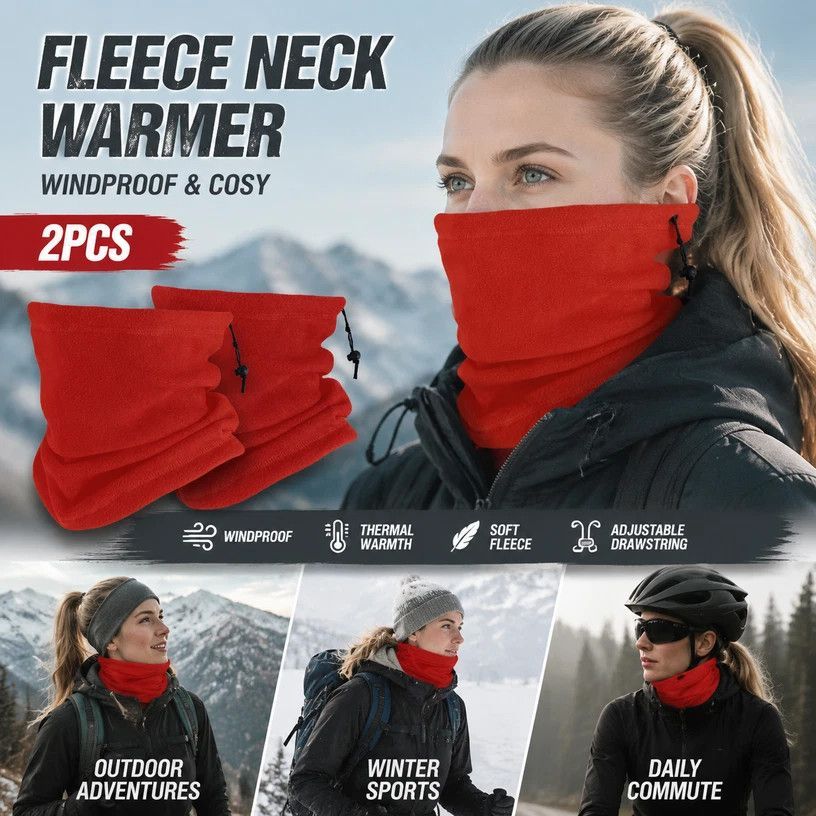 Popular Snow Sport Set Polar Fleece Drawstring Neck Tubes 2 Pcs, Bright Red, Windproof Neck Cover