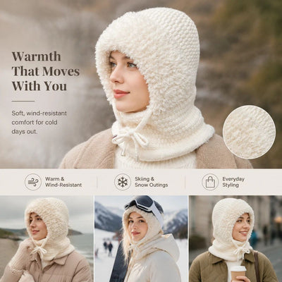 Ideal Ladies Snow Gear Fleece Lined Knitted All-In-One Hat, Beige One Size, Suitable For Ski Days & Everyday Casual Styling