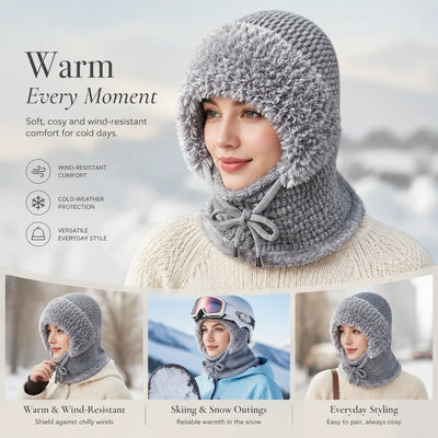 Multi-Use Fleece Knit Hat With Attached Neck Mask Grey One Size, Versatile Headwear For Ski Trips & Casual Styling
