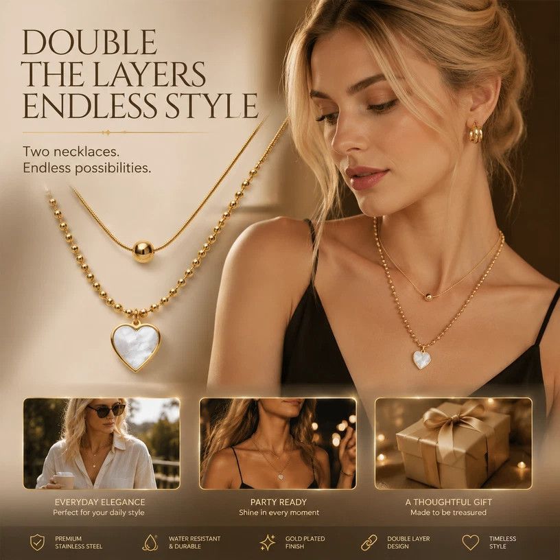 Classic Vintage Stackable Double Necklace, Simple Minimal Gold Plated Stainless Steel Wearable Accessory