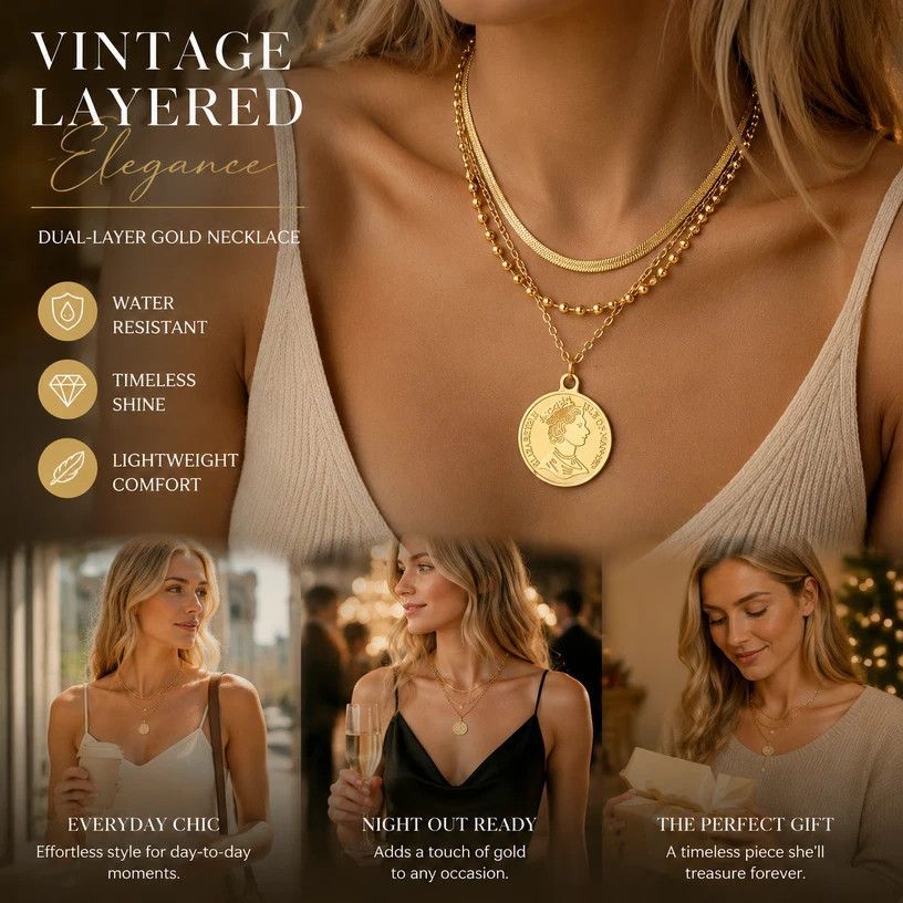 Refined Retro Dual Layer Chain Necklace, Low Key Luxury Gold Coated Stainless Steel Ladies Jewellery