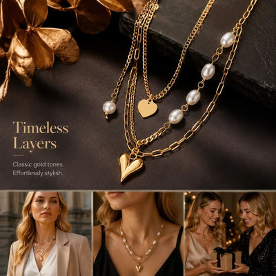 Trendy Retro Double Tier Necklace, Muted Luxury Gold Coated Stainless Steel Versatile Jewellery