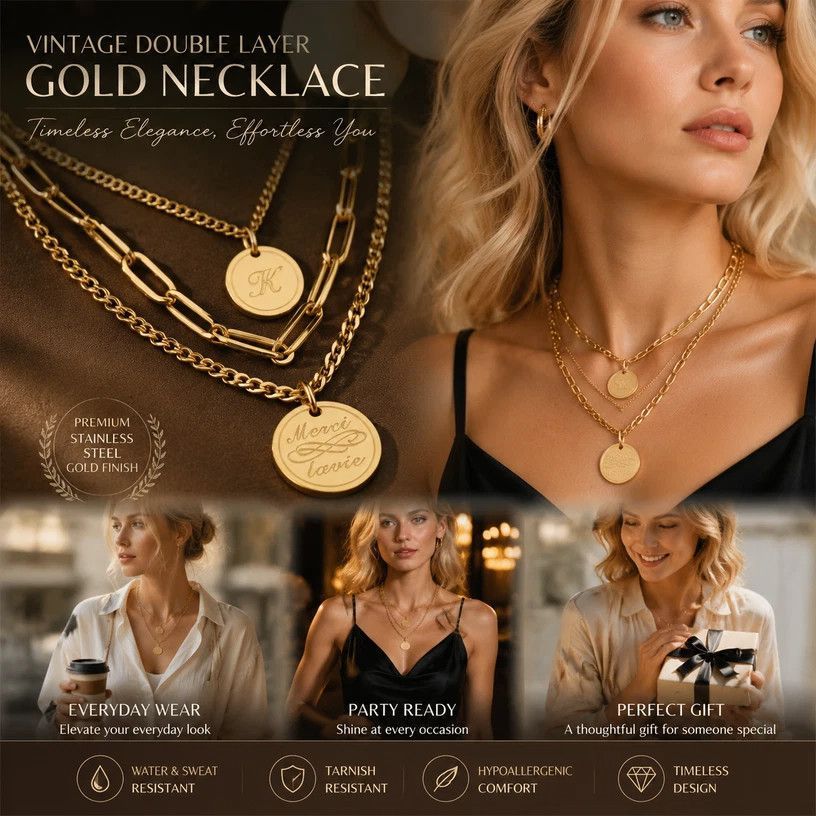 Sophisticated Retro Dual Chain Stack Necklace, Quiet Luxury Gold Dipped Stainless Steel Ladies Neck Jewellery