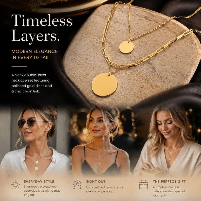 Artistic Vintage Stackable Dual Chain, Tiny Minimal Gold Plated Stainless Steel Office Jewellery