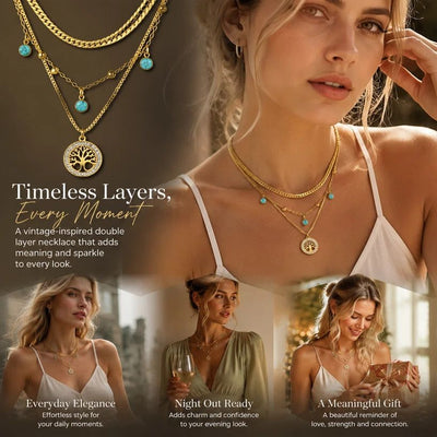 Glam Vintage Double Tier Layer Necklace, Unique Minimal Gold Plated Stainless Steel Occasion Jewellery