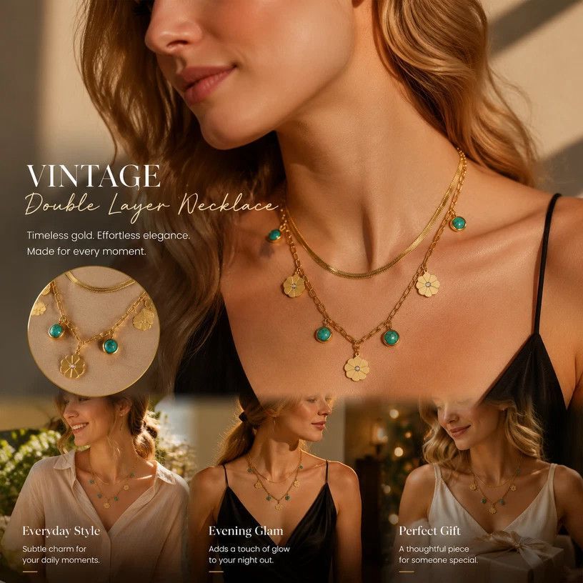Vintage Inspired Double Stack Necklace, Delicate Subtle Luxury Gold Dipped Stainless Steel Everyday Accessory