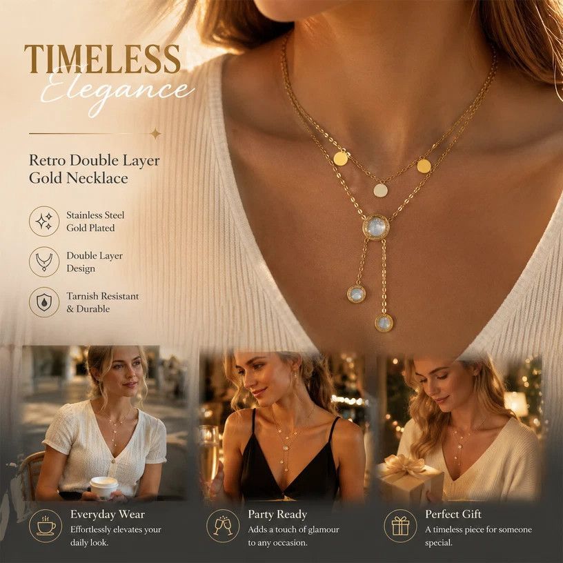 Neat Retro Dual Layer Chain Necklace, Simple Quiet Luxury Gold Coated Stainless Steel Matching Jewellery