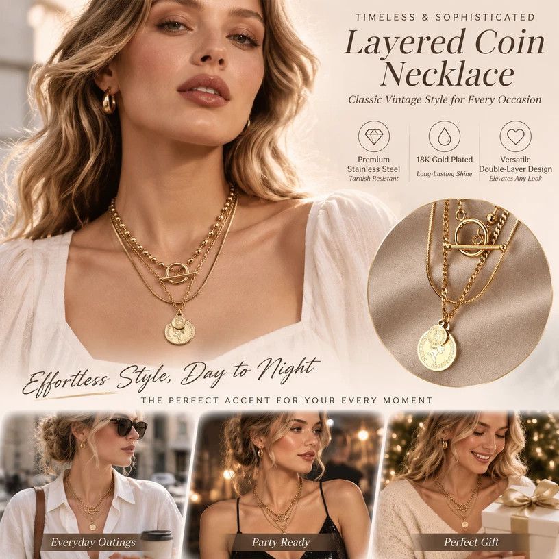 Petite Vintage Two-Tier Stack Necklace, Soft Minimal Gold Plated Stainless Steel Multi-Scenario Neckwear