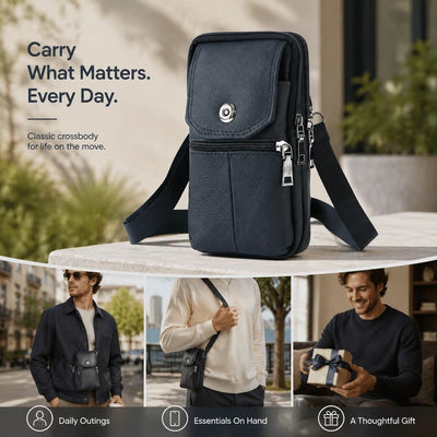 Sleek Leather Belt Phone Pouch, Business Casual Crossbody Shoulder Bag For Dads, Black